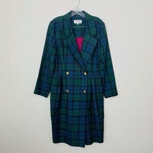 Talbots Green And Blue Plaid Flannel Trench Coat Women’s Size 12